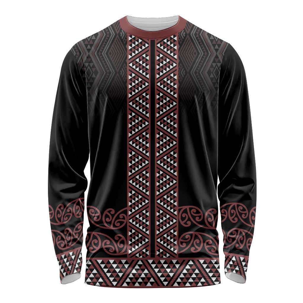 Maori Taniko Patterns Long Sleeve Shirt Brown Niho Taniwha Mix Paatiki Motifs