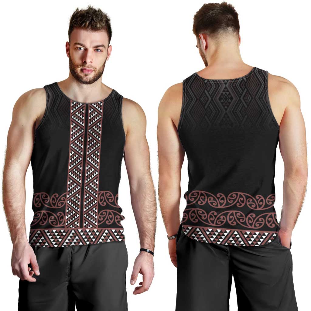Maori Taniko Patterns Men Tank Top Brown Niho Taniwha Mix Paatiki Motifs