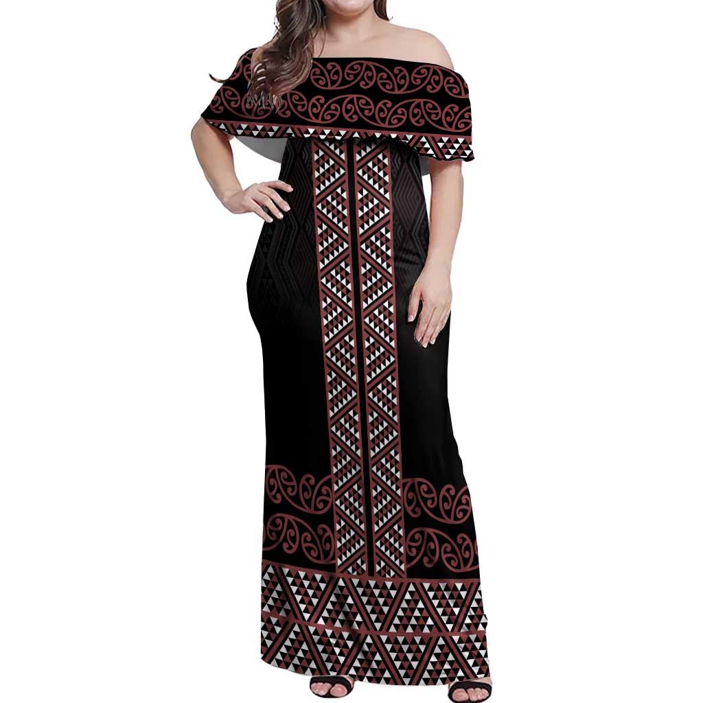 Maori Taniko Patterns Off Shoulder Maxi Dress Brown Niho Taniwha Mix Paatiki Motifs
