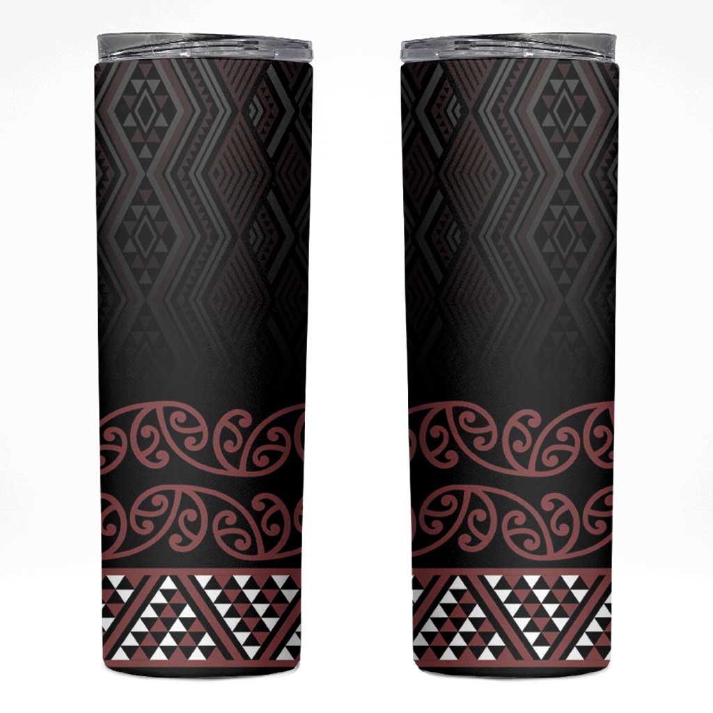 Maori Taniko Patterns Skinny Tumbler Brown Niho Taniwha Mix Paatiki Motifs LT7 Brown - Polynesian Pride