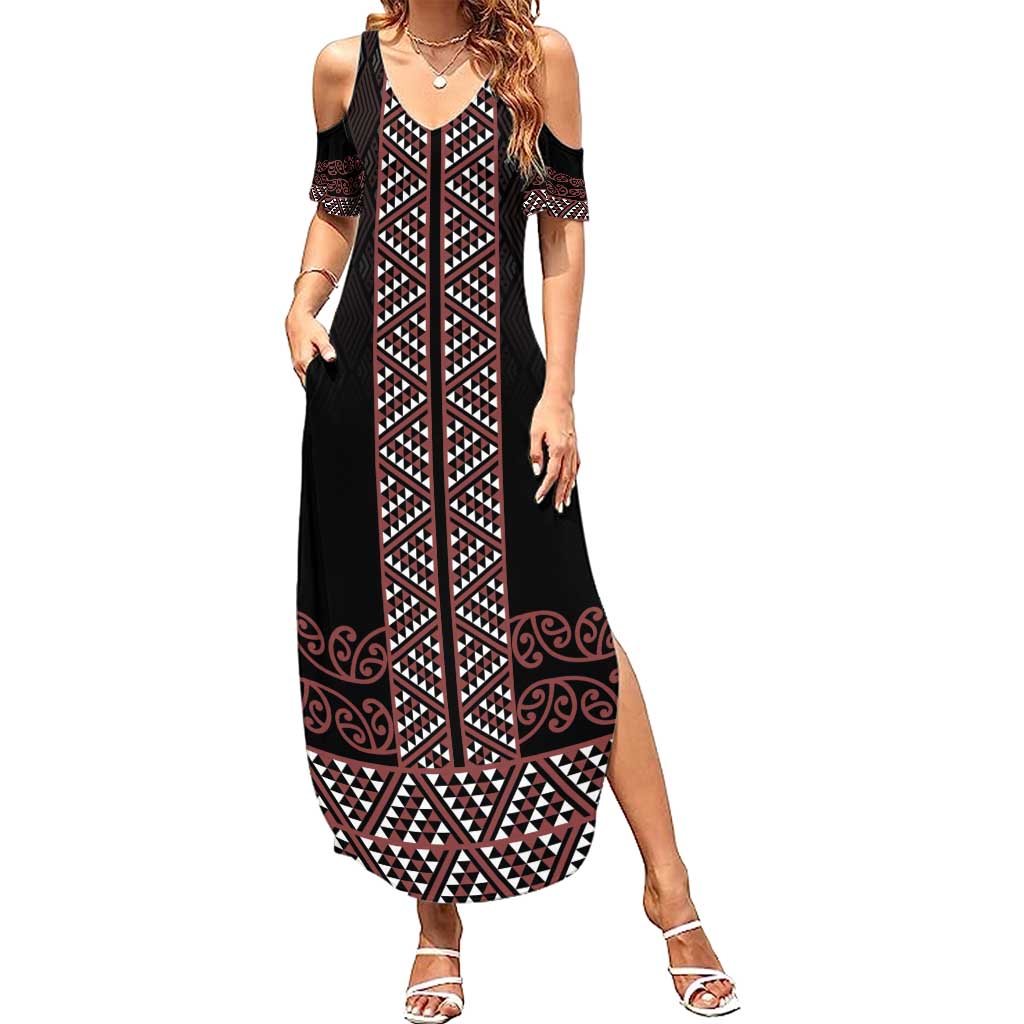 Maori Taniko Patterns Summer Maxi Dress Brown Niho Taniwha Mix Paatiki Motifs