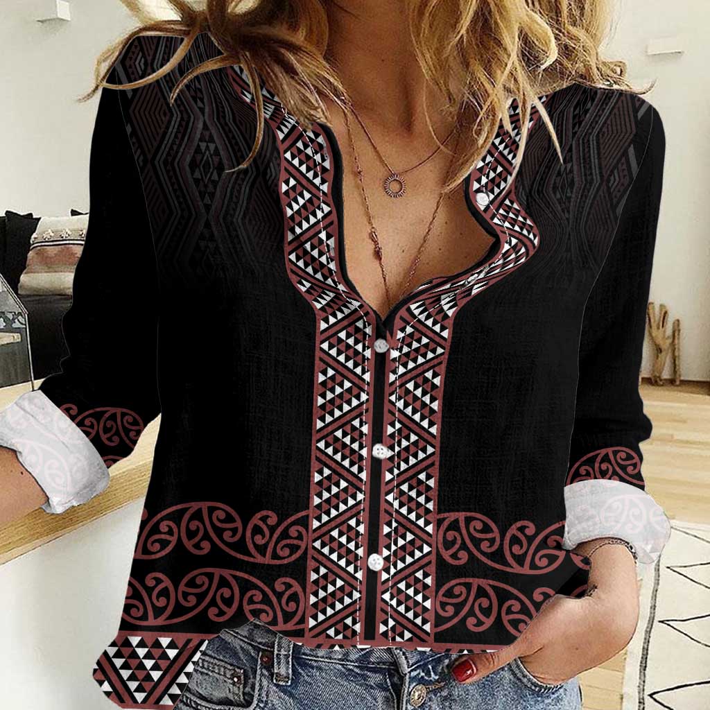 Maori Taniko Patterns Women Casual Shirt Brown Niho Taniwha Mix Paatiki Motifs