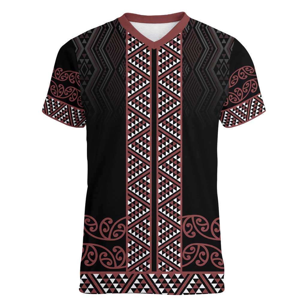 Maori Taniko Patterns Women V-Neck T-Shirt Brown Niho Taniwha Mix Paatiki Motifs LT7 Female Brown - Polynesian Pride
