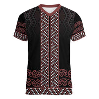 Maori Taniko Patterns Women V-Neck T-Shirt Brown Niho Taniwha Mix Paatiki Motifs LT7 Female Brown - Polynesian Pride