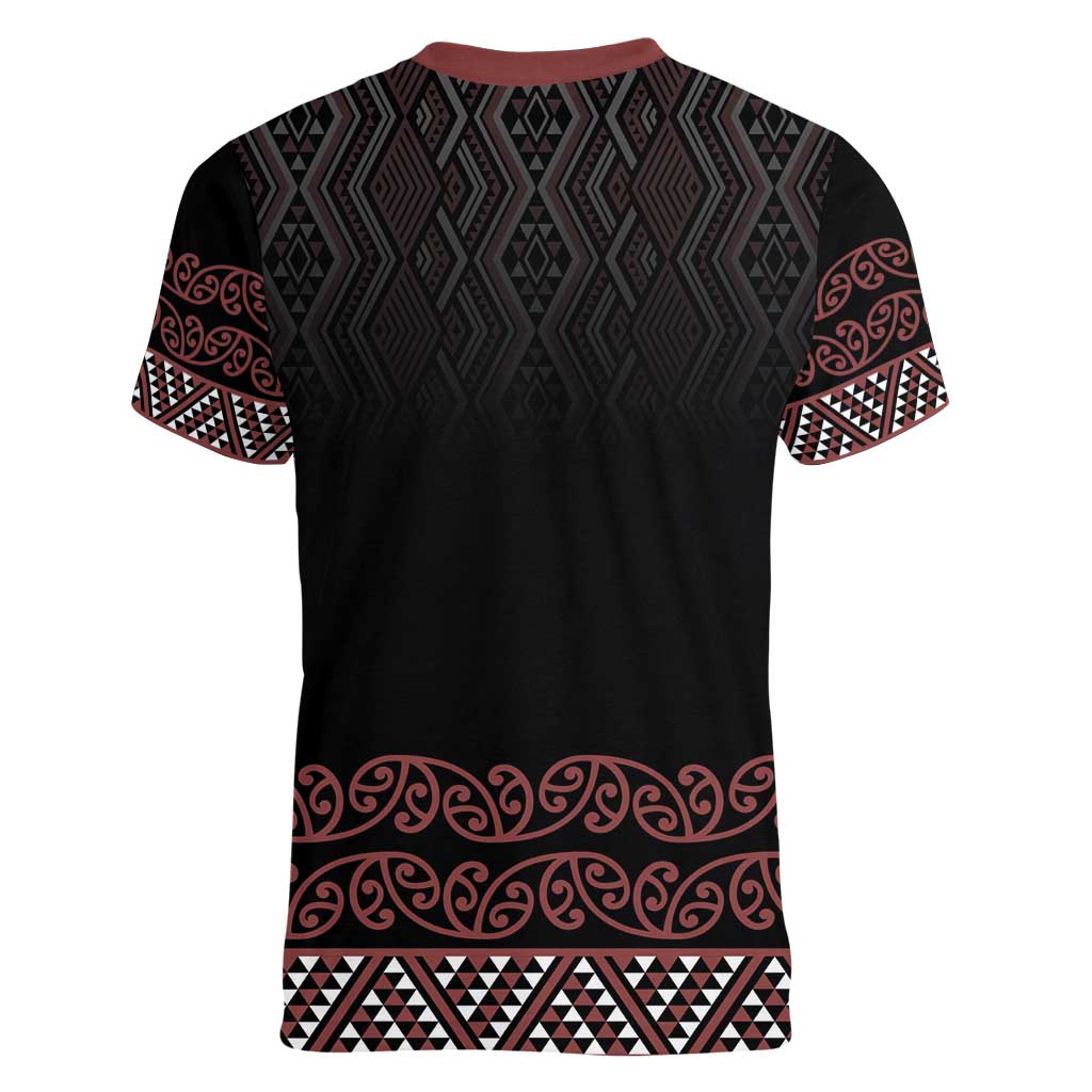 Maori Taniko Patterns Women V-Neck T-Shirt Brown Niho Taniwha Mix Paatiki Motifs LT7 - Polynesian Pride