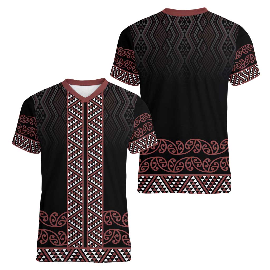 Maori Taniko Patterns Women V-Neck T-Shirt Brown Niho Taniwha Mix Paatiki Motifs LT7 - Polynesian Pride