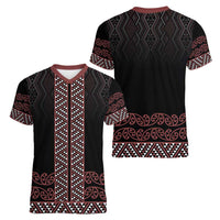 Maori Taniko Patterns Women V-Neck T-Shirt Brown Niho Taniwha Mix Paatiki Motifs LT7 - Polynesian Pride
