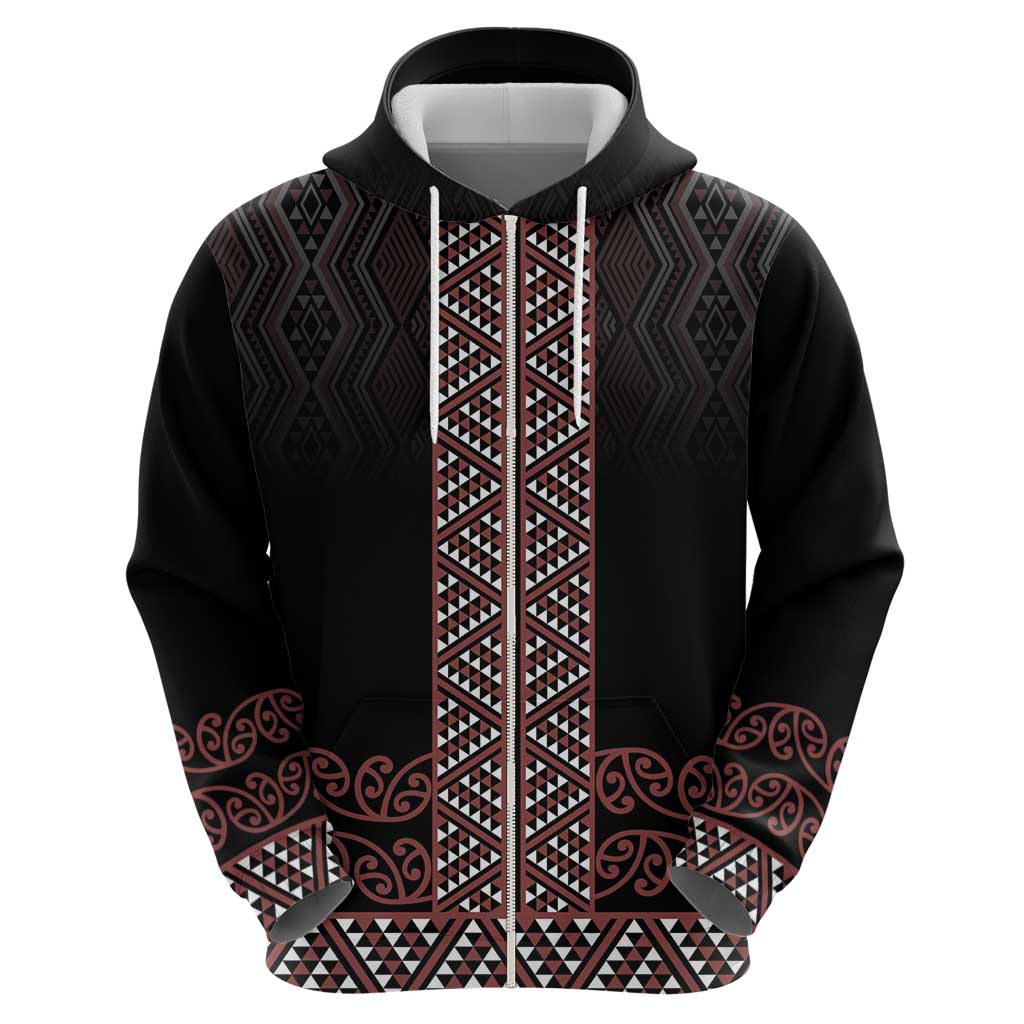 Maori Taniko Patterns Zip Hoodie Brown Niho Taniwha Mix Paatiki Motifs