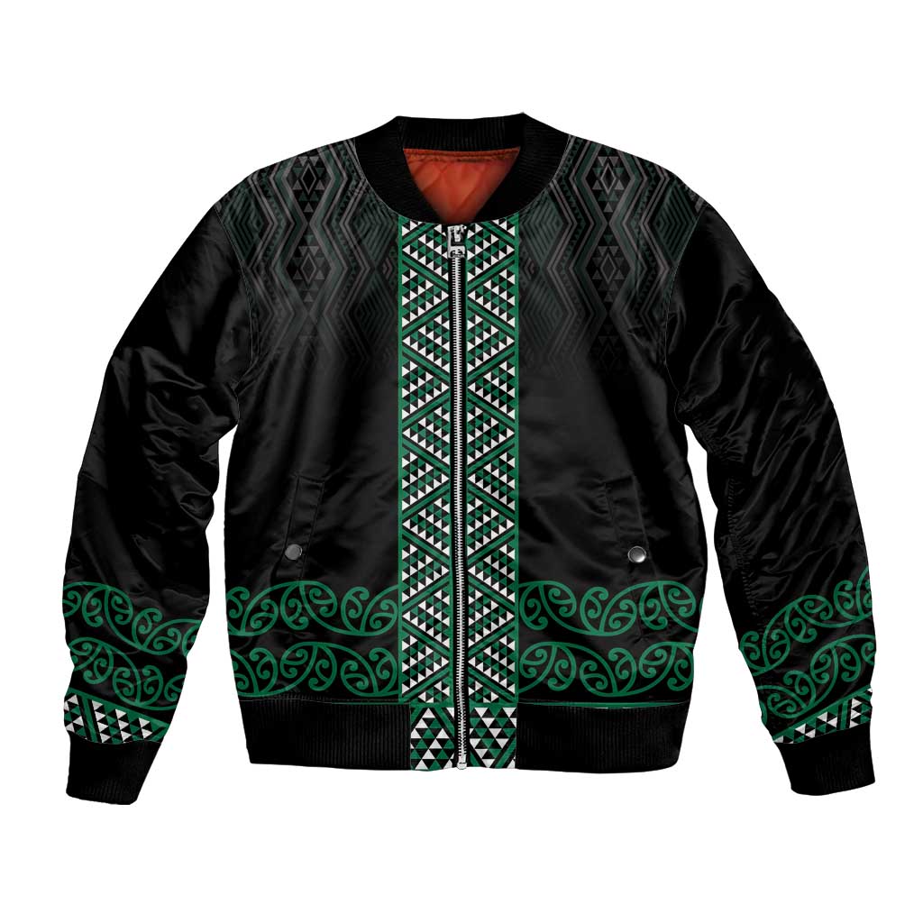 Maori Taniko Patterns Bomber Jacket Pounamu Niho Taniwha Mix Paatiki Motifs LT7 Unisex Green - Polynesian Pride