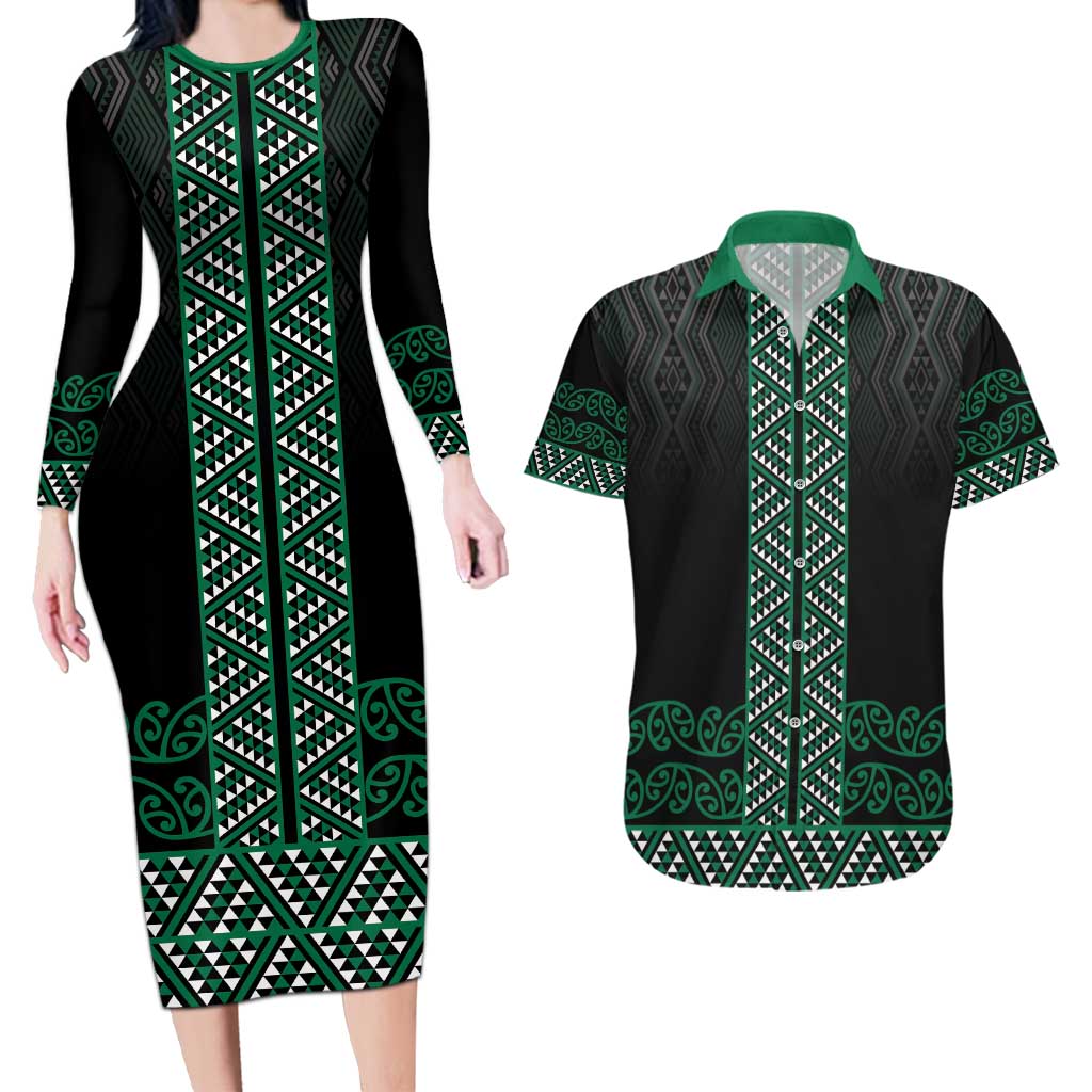 Maori Taniko Patterns Couples Matching Long Sleeve Bodycon Dress and Hawaiian Shirt Pounamu Niho Taniwha Mix Paatiki Motifs LT7 Green - Polynesian Pride