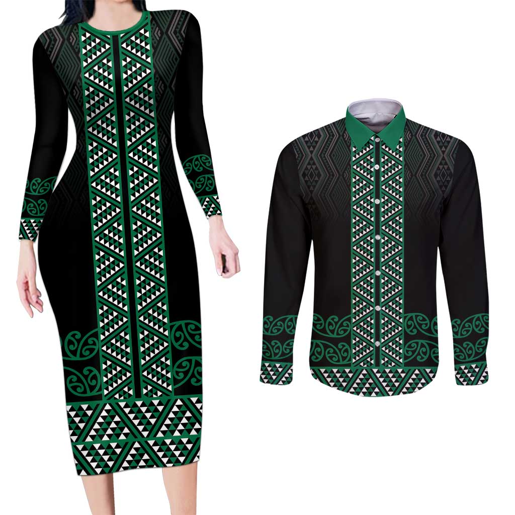 Maori Taniko Patterns Couples Matching Long Sleeve Bodycon Dress and Long Sleeve Button Shirt Pounamu Niho Taniwha Mix Paatiki Motifs LT7 Green - Polynesian Pride