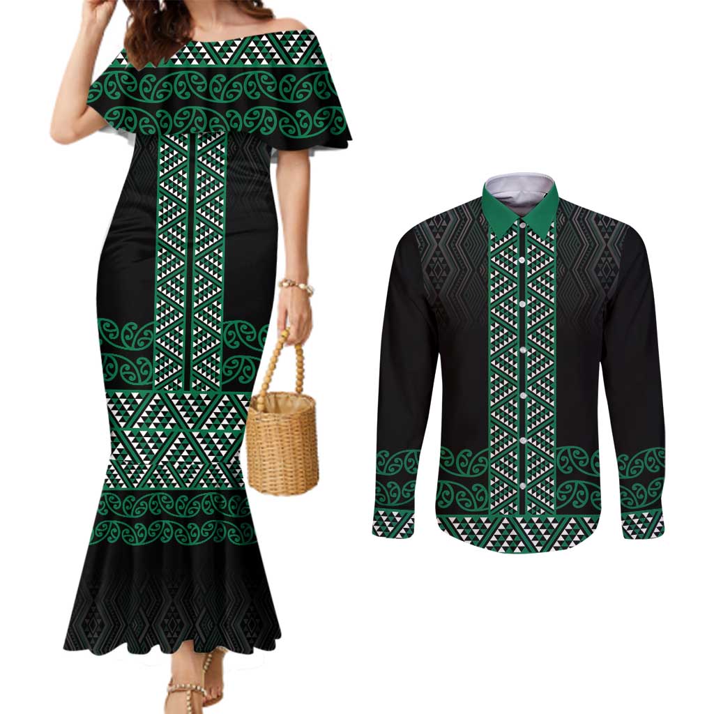 Maori Taniko Patterns Couples Matching Mermaid Dress and Long Sleeve Button Shirt Pounamu Niho Taniwha Mix Paatiki Motifs LT7 Green - Polynesian Pride