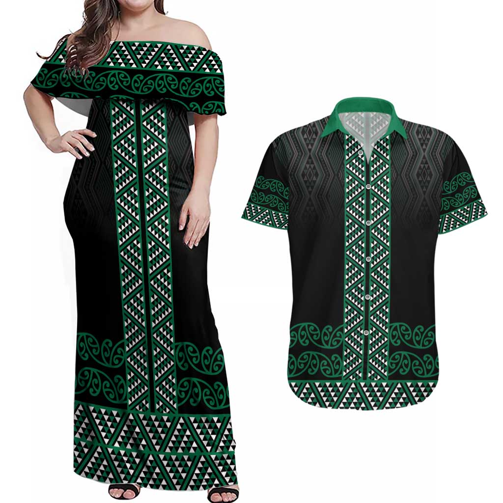 Maori Taniko Patterns Couples Matching Off Shoulder Maxi Dress and Hawaiian Shirt Pounamu Niho Taniwha Mix Paatiki Motifs LT7 Green - Polynesian Pride