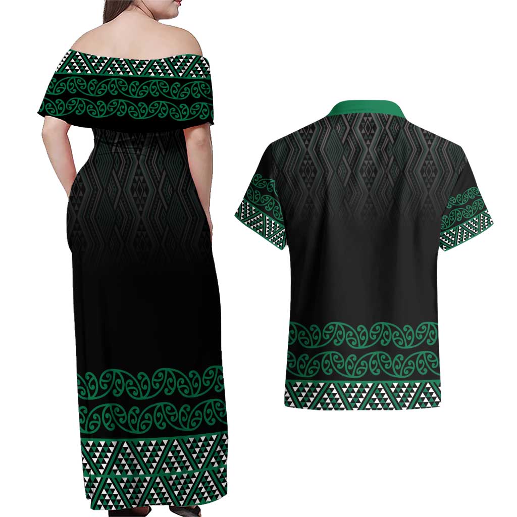 Maori Taniko Patterns Couples Matching Off Shoulder Maxi Dress and Hawaiian Shirt Pounamu Niho Taniwha Mix Paatiki Motifs LT7 - Polynesian Pride
