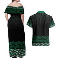 Maori Taniko Patterns Couples Matching Off Shoulder Maxi Dress and Hawaiian Shirt Pounamu Niho Taniwha Mix Paatiki Motifs LT7 - Polynesian Pride