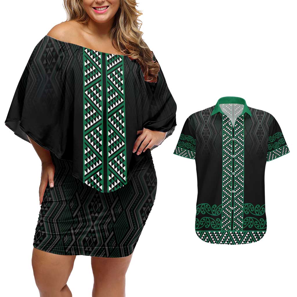 Maori Taniko Patterns Couples Matching Off Shoulder Short Dress and Hawaiian Shirt Pounamu Niho Taniwha Mix Paatiki Motifs LT7 Green - Polynesian Pride