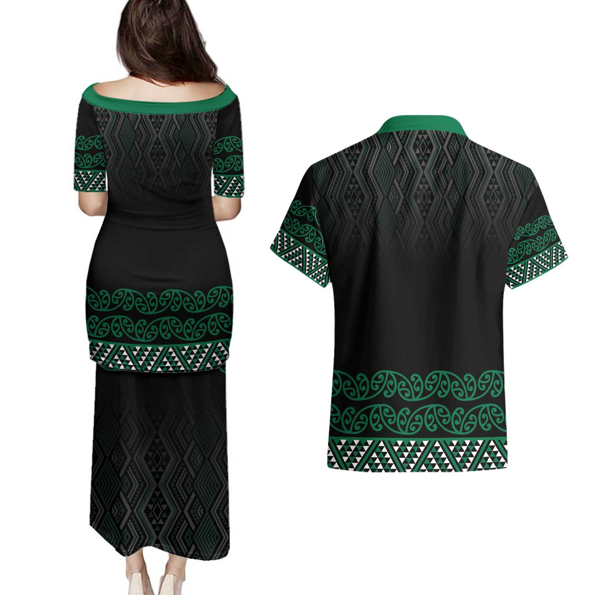 Maori Taniko Patterns Couples Matching Puletasi and Hawaiian Shirt Pounamu Niho Taniwha Mix Paatiki Motifs