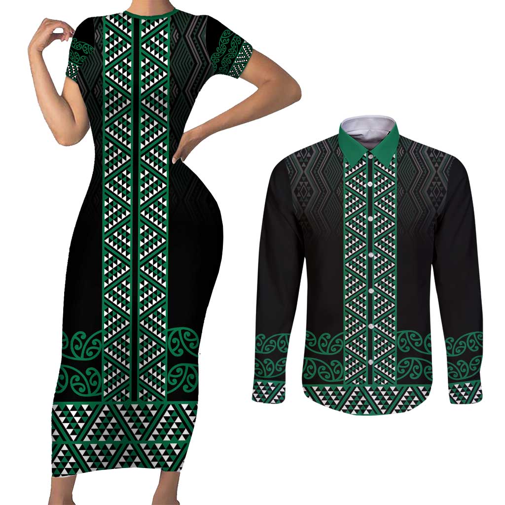 Maori Taniko Patterns Couples Matching Short Sleeve Bodycon Dress and Long Sleeve Button Shirt Pounamu Niho Taniwha Mix Paatiki Motifs LT7 Green - Polynesian Pride