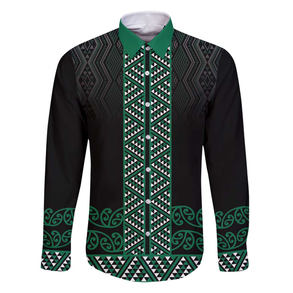 Maori Taniko Patterns Family Matching Mermaid Dress and Hawaiian Shirt Pounamu Niho Taniwha Mix Paatiki Motifs LT7 Dad's Shirt - Long Sleeve Green - Polynesian Pride