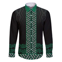 Maori Taniko Patterns Family Matching Mermaid Dress and Hawaiian Shirt Pounamu Niho Taniwha Mix Paatiki Motifs LT7 Dad's Shirt - Long Sleeve Green - Polynesian Pride