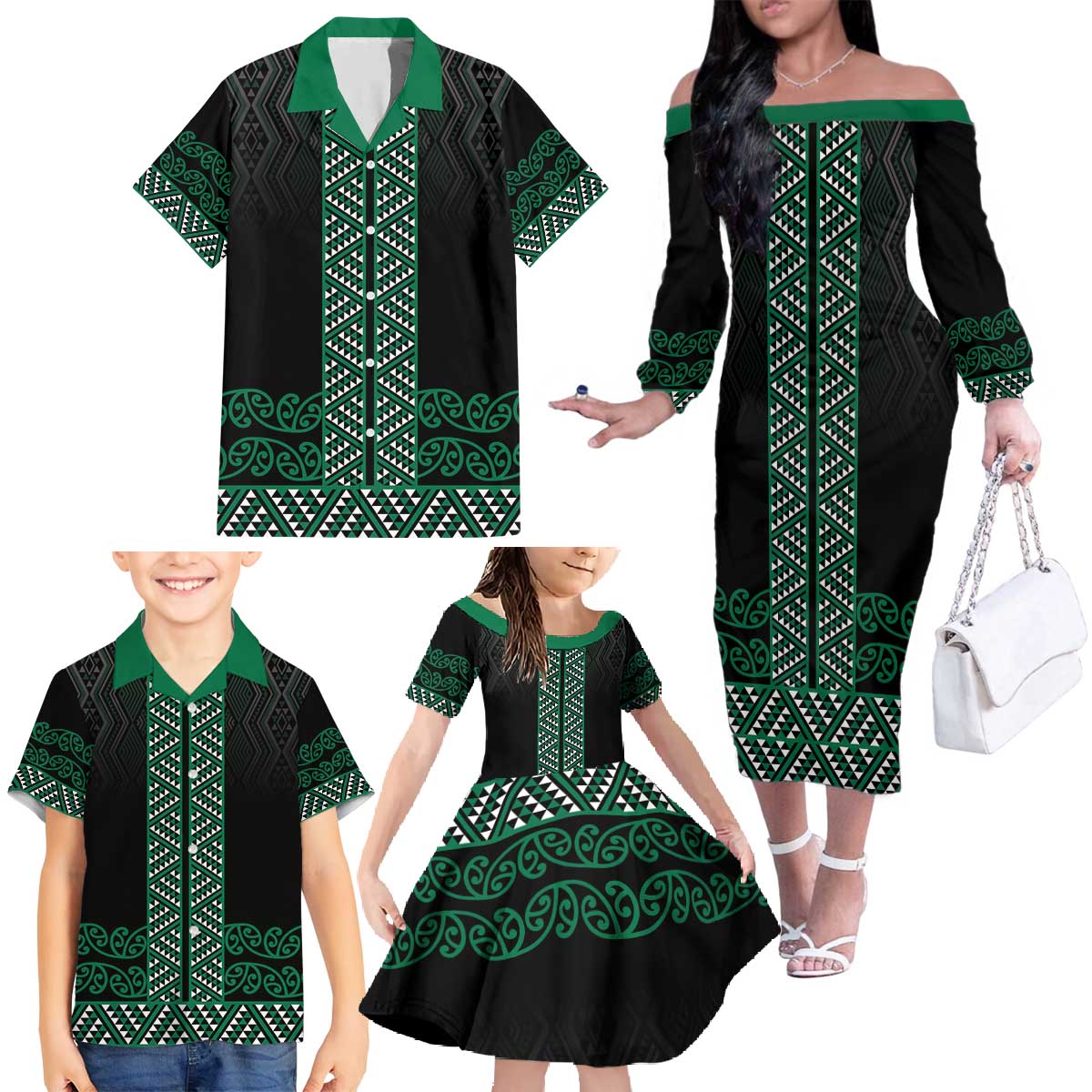 Maori Taniko Patterns Family Matching Off The Shoulder Long Sleeve Dress and Hawaiian Shirt Pounamu Niho Taniwha Mix Paatiki Motifs
