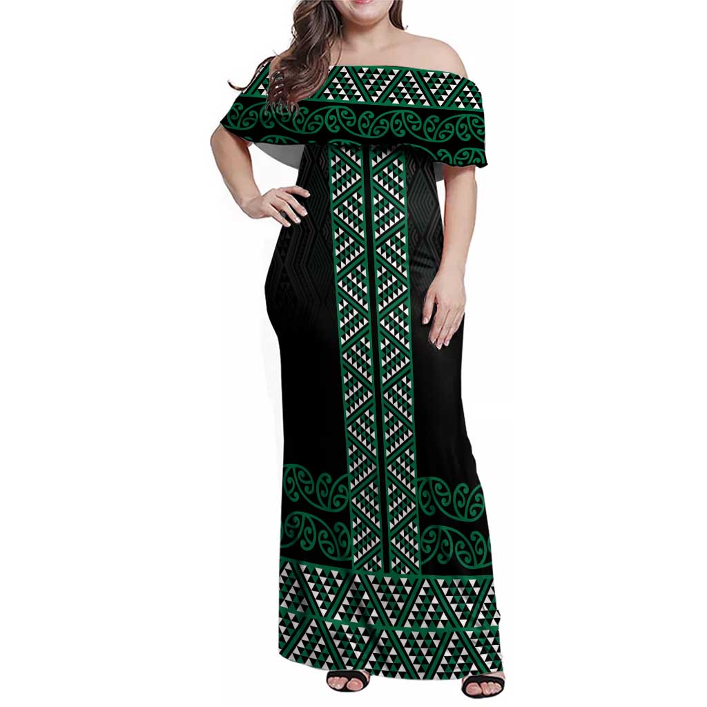 Maori Taniko Patterns Family Matching Off Shoulder Maxi Dress and Hawaiian Shirt Pounamu Niho Taniwha Mix Paatiki Motifs