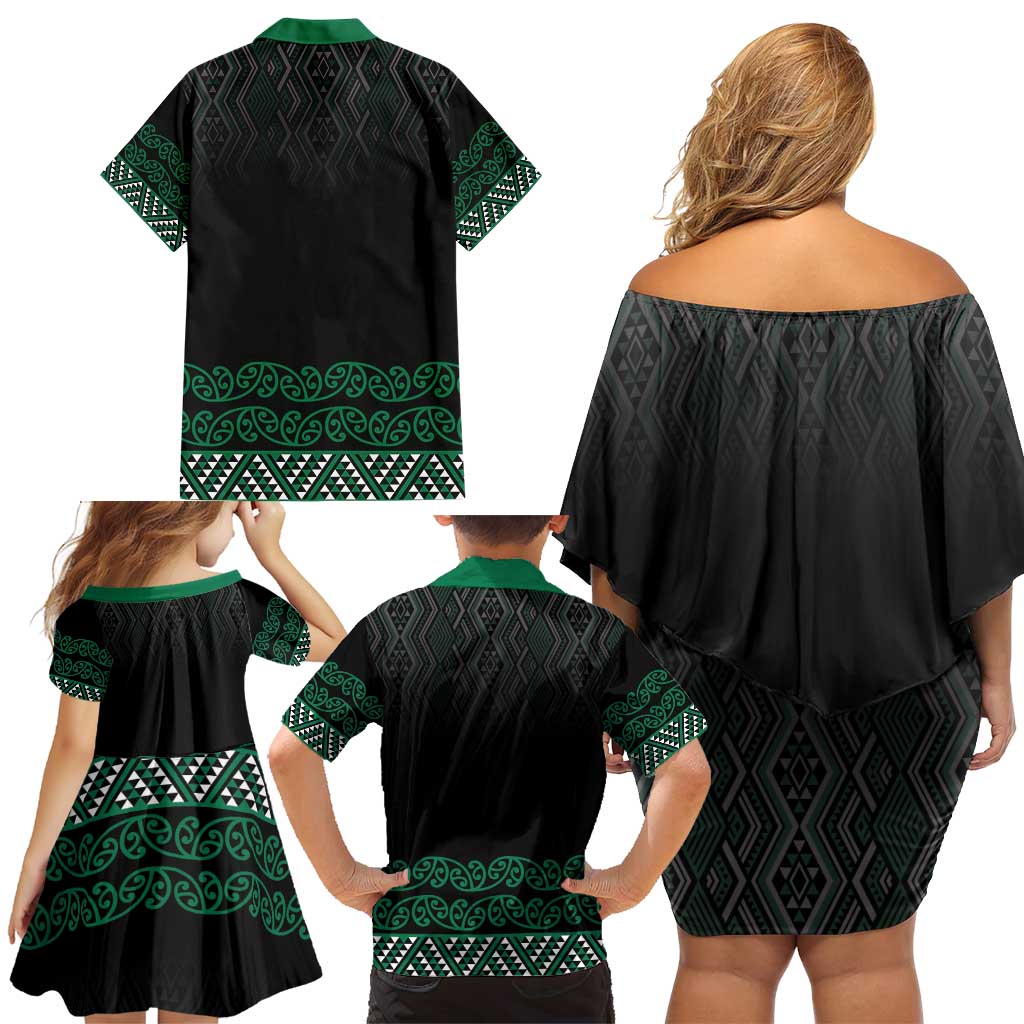 Maori Taniko Patterns Family Matching Off Shoulder Short Dress and Hawaiian Shirt Pounamu Niho Taniwha Mix Paatiki Motifs LT7 - Polynesian Pride