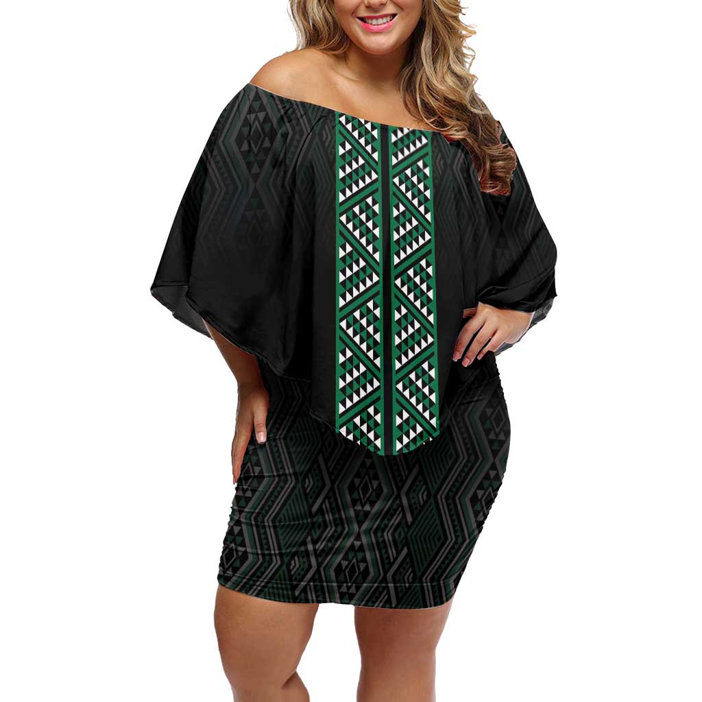Maori Taniko Patterns Family Matching Off Shoulder Short Dress and Hawaiian Shirt Pounamu Niho Taniwha Mix Paatiki Motifs LT7 Mom's Dress Green - Polynesian Pride