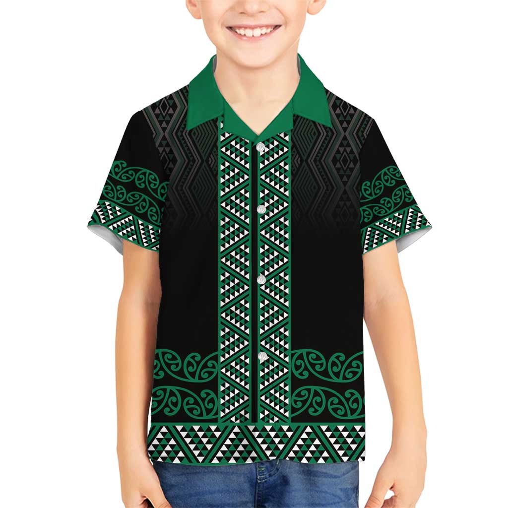 Maori Taniko Patterns Family Matching Off Shoulder Short Dress and Hawaiian Shirt Pounamu Niho Taniwha Mix Paatiki Motifs LT7 Son's Shirt Green - Polynesian Pride