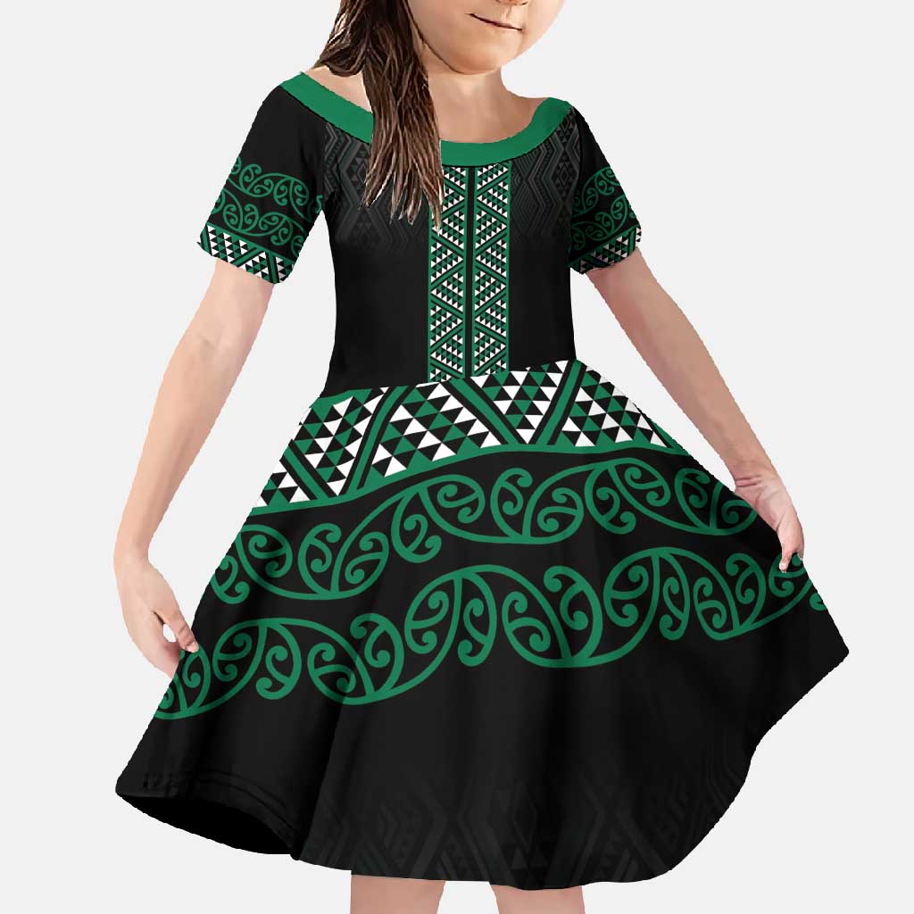 Maori Taniko Patterns Family Matching Short Sleeve Bodycon Dress and Hawaiian Shirt Pounamu Niho Taniwha Mix Paatiki Motifs LT7 Daughter's Dress Green - Polynesian Pride