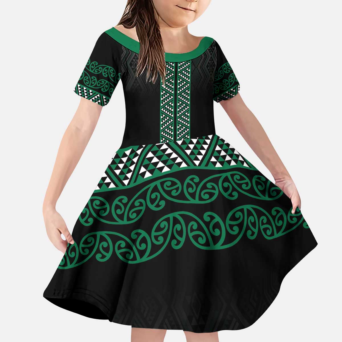 Maori Taniko Patterns Kid Short Sleeve Dress Pounamu Niho Taniwha Mix Paatiki Motifs
