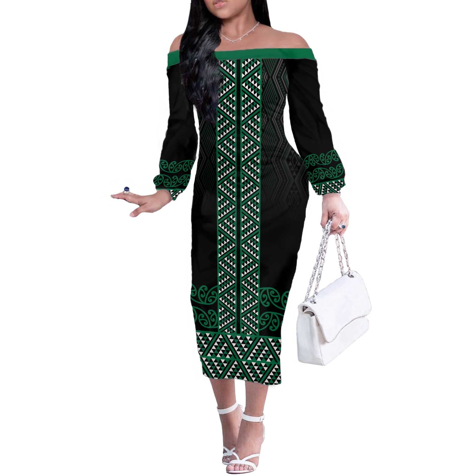 Maori Taniko Patterns Off The Shoulder Long Sleeve Dress Pounamu Niho Taniwha Mix Paatiki Motifs