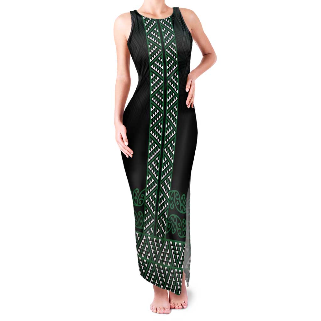 Maori Taniko Patterns Tank Maxi Dress Pounamu Niho Taniwha Mix Paatiki Motifs LT7 Women Green - Polynesian Pride