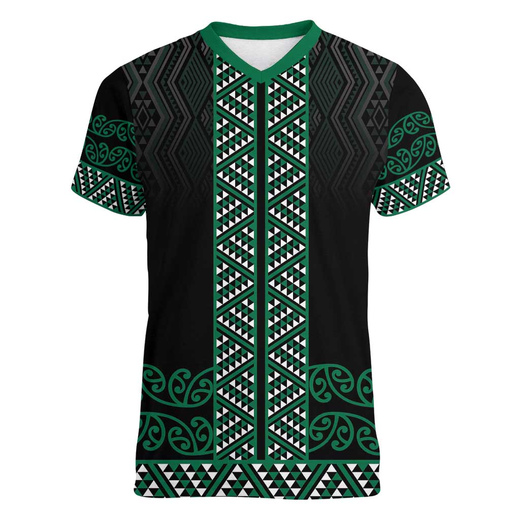 Maori Taniko Patterns Women V-Neck T-Shirt Pounamu Niho Taniwha Mix Paatiki Motifs LT7 Female Green - Polynesian Pride