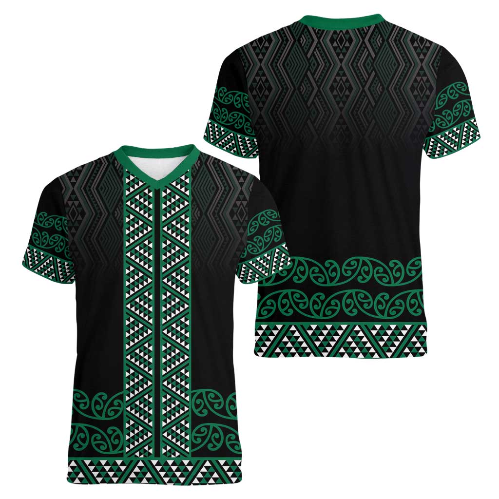 Maori Taniko Patterns Women V-Neck T-Shirt Pounamu Niho Taniwha Mix Paatiki Motifs LT7 - Polynesian Pride