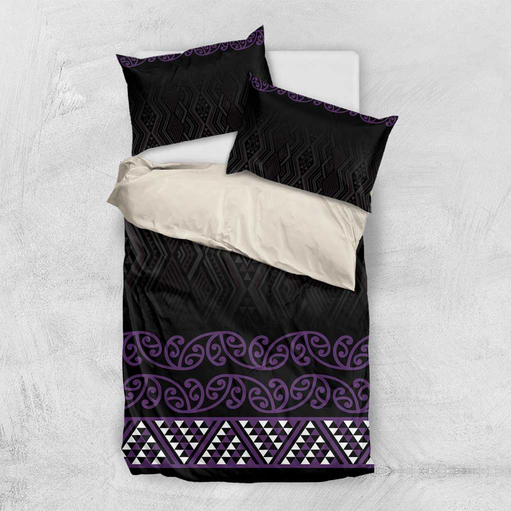 Maori Taniko Patterns Bedding Set Purple Niho Taniwha Mix Paatiki Motifs