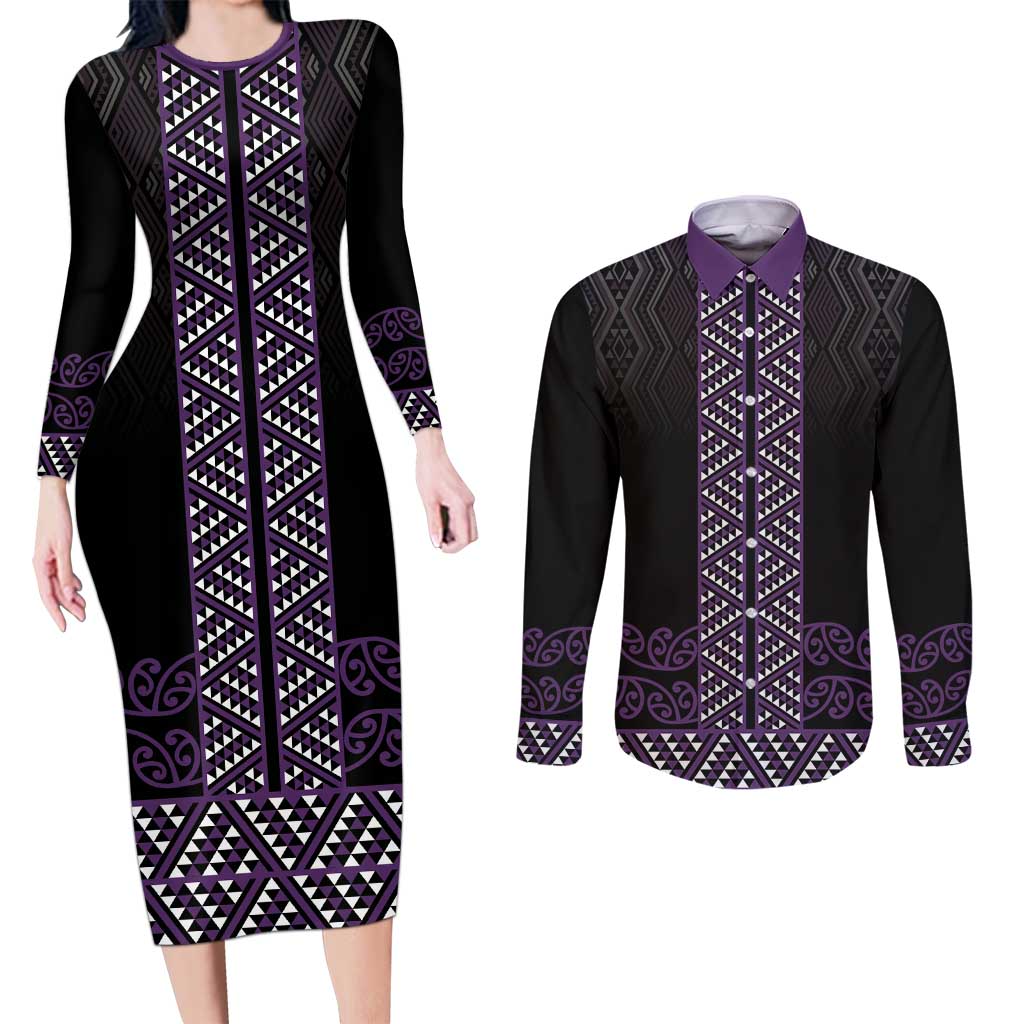 Maori Taniko Patterns Couples Matching Long Sleeve Bodycon Dress and Long Sleeve Button Shirt Purple Niho Taniwha Mix Paatiki Motifs LT7 Purple - Polynesian Pride