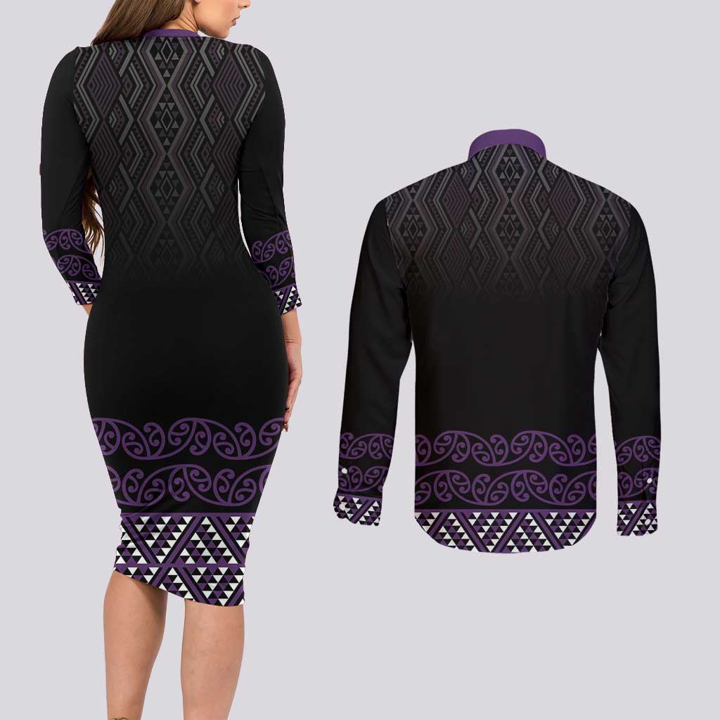 Maori Taniko Patterns Couples Matching Long Sleeve Bodycon Dress and Long Sleeve Button Shirt Purple Niho Taniwha Mix Paatiki Motifs LT7 - Polynesian Pride