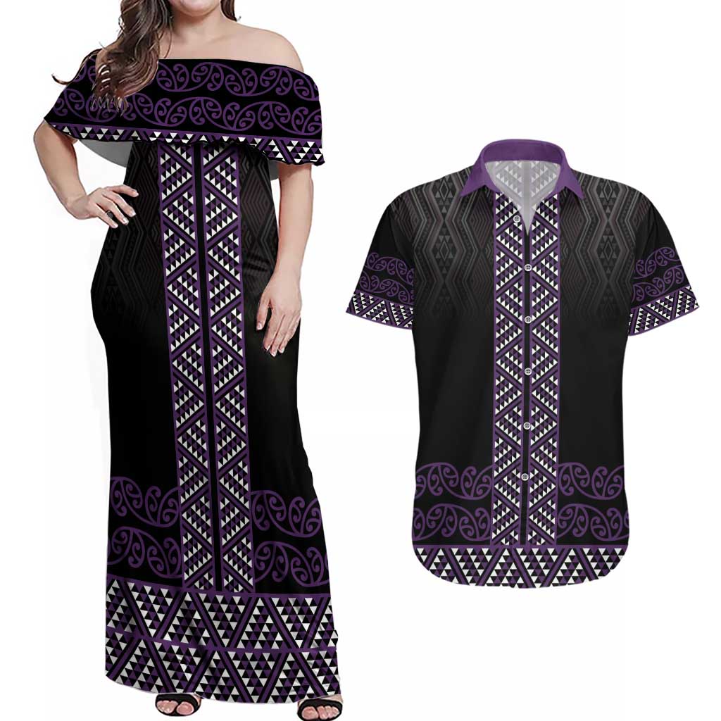 Maori Taniko Patterns Couples Matching Off Shoulder Maxi Dress and Hawaiian Shirt Purple Niho Taniwha Mix Paatiki Motifs LT7 Purple - Polynesian Pride