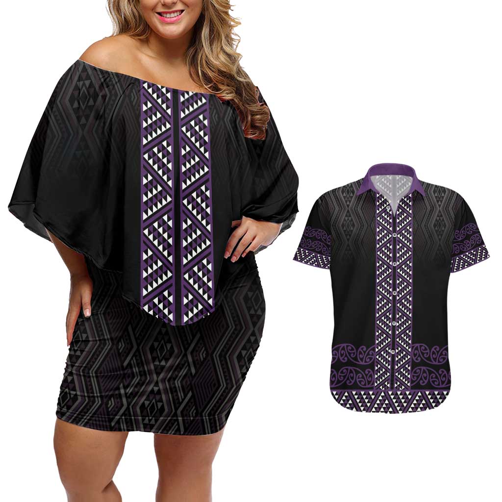 Maori Taniko Patterns Couples Matching Off Shoulder Short Dress and Hawaiian Shirt Purple Niho Taniwha Mix Paatiki Motifs LT7 Purple - Polynesian Pride