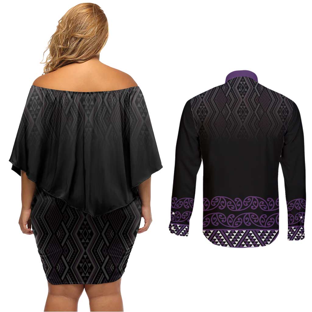 Maori Taniko Patterns Couples Matching Off Shoulder Short Dress and Long Sleeve Button Shirt Purple Niho Taniwha Mix Paatiki Motifs