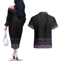 Maori Taniko Patterns Couples Matching Off The Shoulder Long Sleeve Dress and Hawaiian Shirt Purple Niho Taniwha Mix Paatiki Motifs