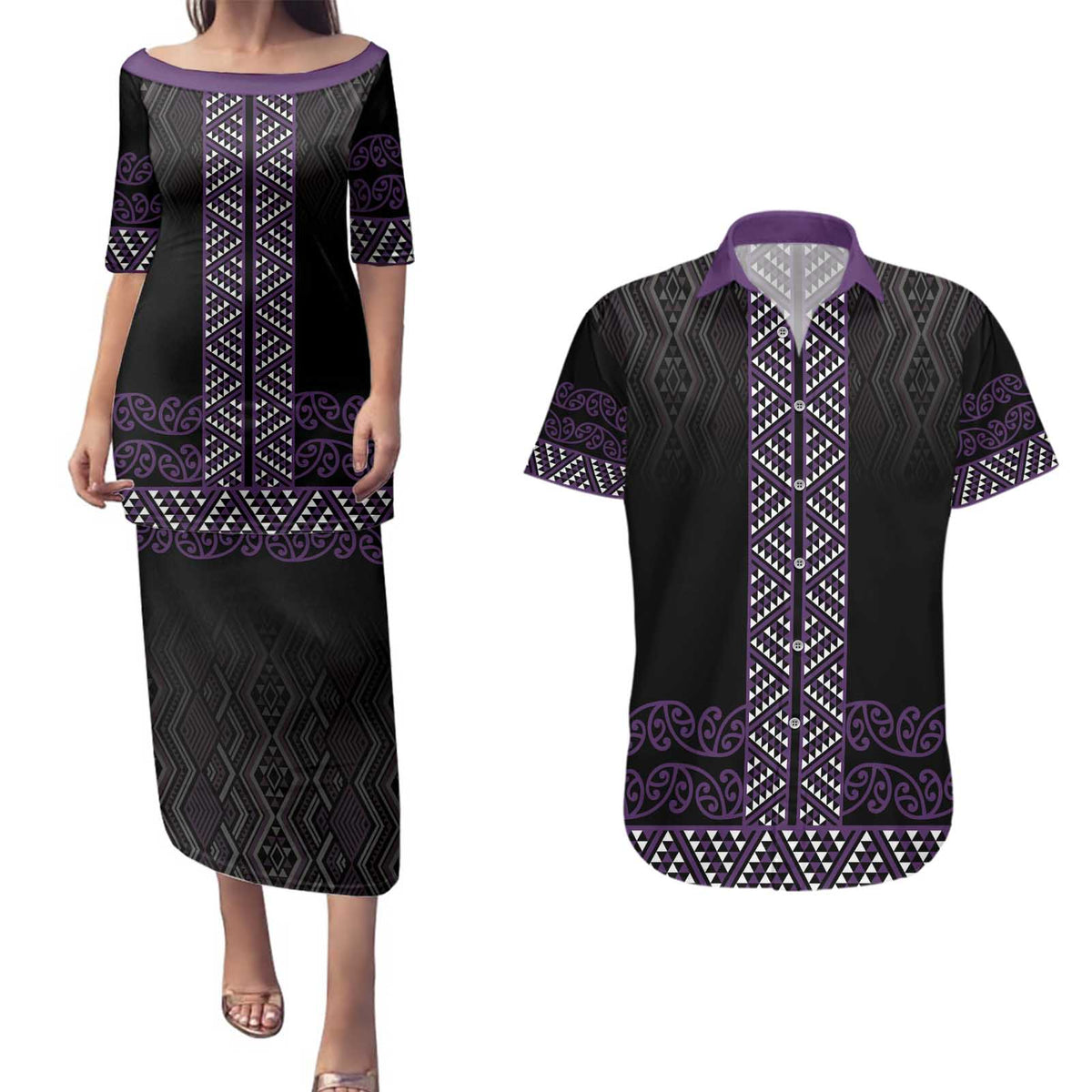 Maori Taniko Patterns Couples Matching Puletasi and Hawaiian Shirt Purple Niho Taniwha Mix Paatiki Motifs LT7 Purple - Polynesian Pride