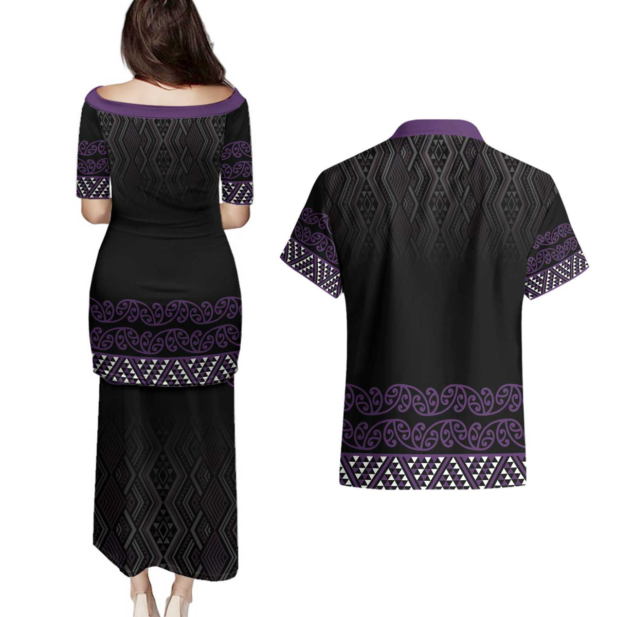 Maori Taniko Patterns Couples Matching Puletasi and Hawaiian Shirt Purple Niho Taniwha Mix Paatiki Motifs LT7 - Polynesian Pride