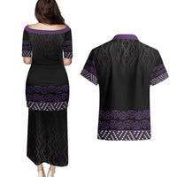 Maori Taniko Patterns Couples Matching Puletasi and Hawaiian Shirt Purple Niho Taniwha Mix Paatiki Motifs LT7 - Polynesian Pride