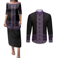 Maori Taniko Patterns Couples Matching Puletasi and Long Sleeve Button Shirt Purple Niho Taniwha Mix Paatiki Motifs LT7 Purple - Polynesian Pride