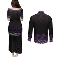 Maori Taniko Patterns Couples Matching Puletasi and Long Sleeve Button Shirt Purple Niho Taniwha Mix Paatiki Motifs LT7 - Polynesian Pride
