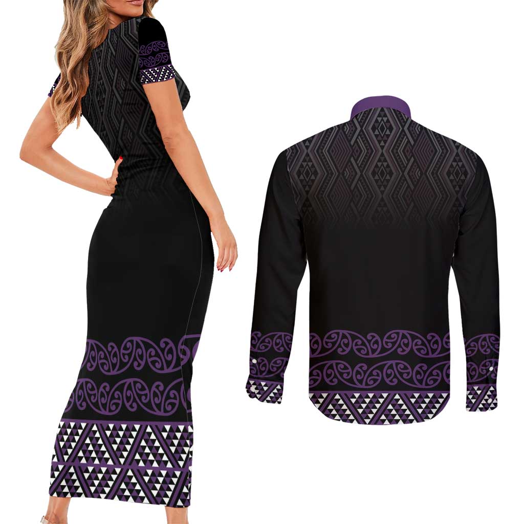 Maori Taniko Patterns Couples Matching Short Sleeve Bodycon Dress and Long Sleeve Button Shirt Purple Niho Taniwha Mix Paatiki Motifs LT7 - Polynesian Pride