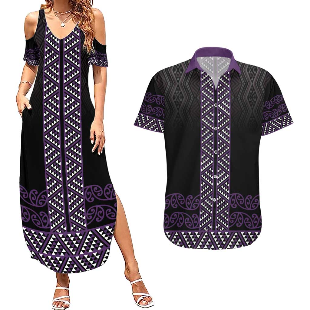 Maori Taniko Patterns Couples Matching Summer Maxi Dress and Hawaiian Shirt Purple Niho Taniwha Mix Paatiki Motifs LT7 Purple - Polynesian Pride