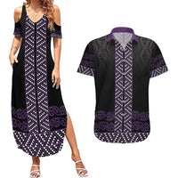 Maori Taniko Patterns Couples Matching Summer Maxi Dress and Hawaiian Shirt Purple Niho Taniwha Mix Paatiki Motifs LT7 Purple - Polynesian Pride